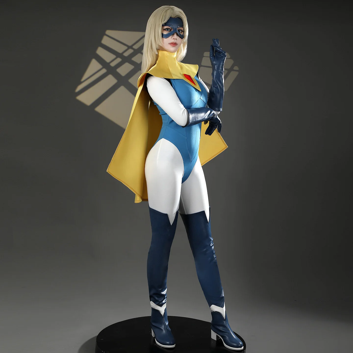 Dispatch: Superhero Agency Cosplay Blonde Blazer Superhero Costume Jumpsuit with Cape Game Character Outfit Wig Set view 3