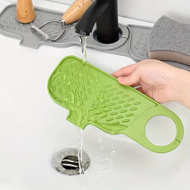 1pc Silicone Faucet Splash Guard, Non-Slip Drain Counter Drying Mat, Multi-Grid Kitchen Bathroom Organizer, Sponge Soap Holder