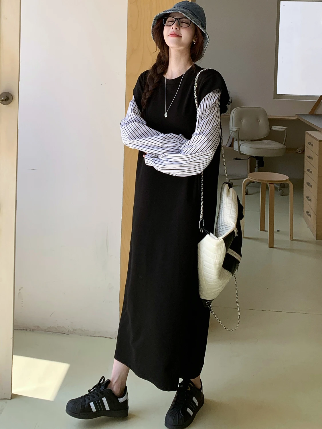 Korean Style A Line Shirt Dress - ชุดเดรสกระโปรงสไตล์เกาหลี ทรงหลวม แขนยาว คอลเลคชั่นใหม่ ฤดูใบไม้ร่วง-ฤดูหนาว ดีไซน์เหมือนสองชิ้น