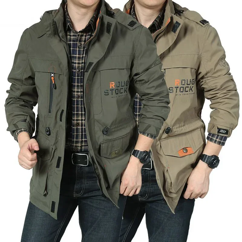 Chaqueta impermeable al aire libre para hombre, abrigo de concha suave con sombrero desmontable, rompevientos transpirable con bolsillo medio y largo, para caza, Otoño, talla grande