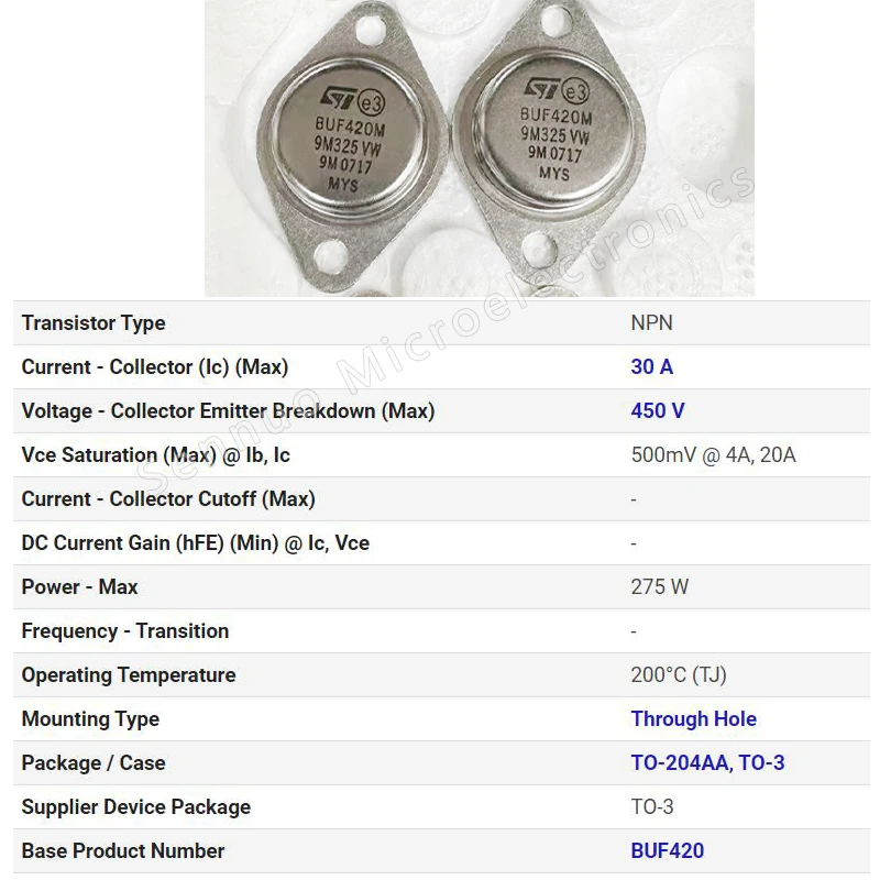 5 buah tutup besi segel emas BUF420M TO-3, 100% baru asli, Bipolar (BJT) Transistor NPN 450 V 30 A 275 W