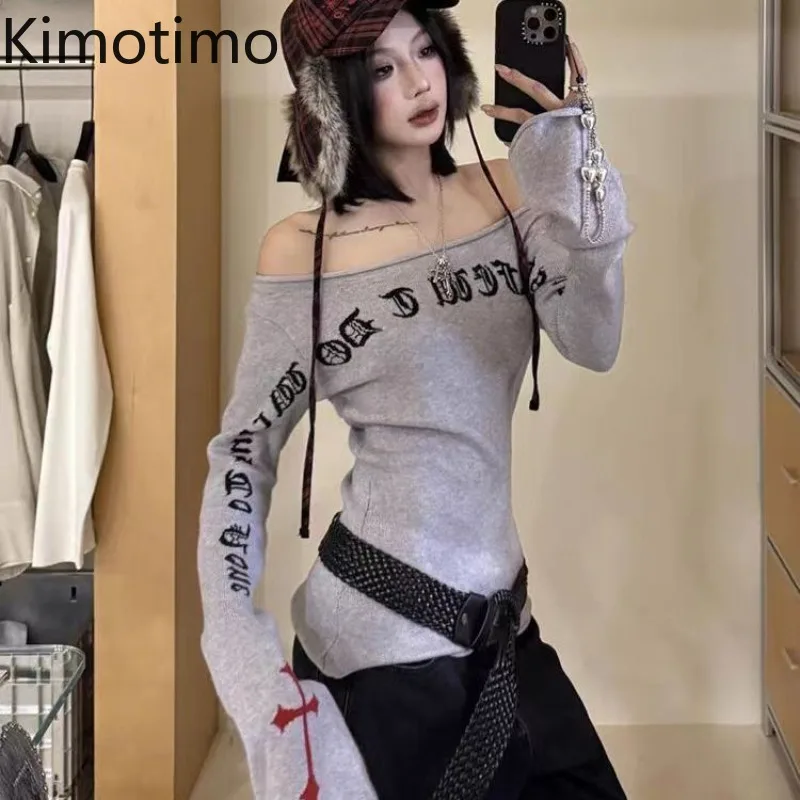 

Kimotimo Футболка с длинным рукавом и буквенным принтом, женская винтажная облегающая футболка Spicy Girl Base Top Harajuku Y2k, готические футболки, наряды