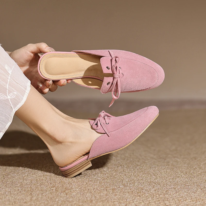 Nouvelles mules pour femmes en daim de vache naturel 2027, pantoufles plates à lacets en cuir de daim de vache, faites à la main, tendance féminine