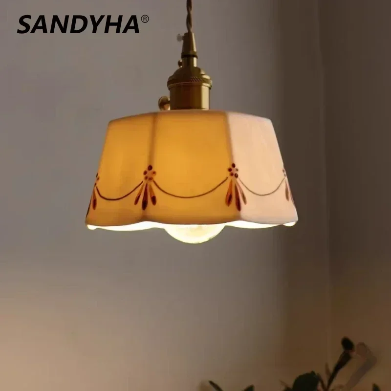

SANDYHA French Brass Pendant Lights Ceramic Lampshade Design Led Lamp for Living Room Bedroom Decoration Study Lighting Fixtures