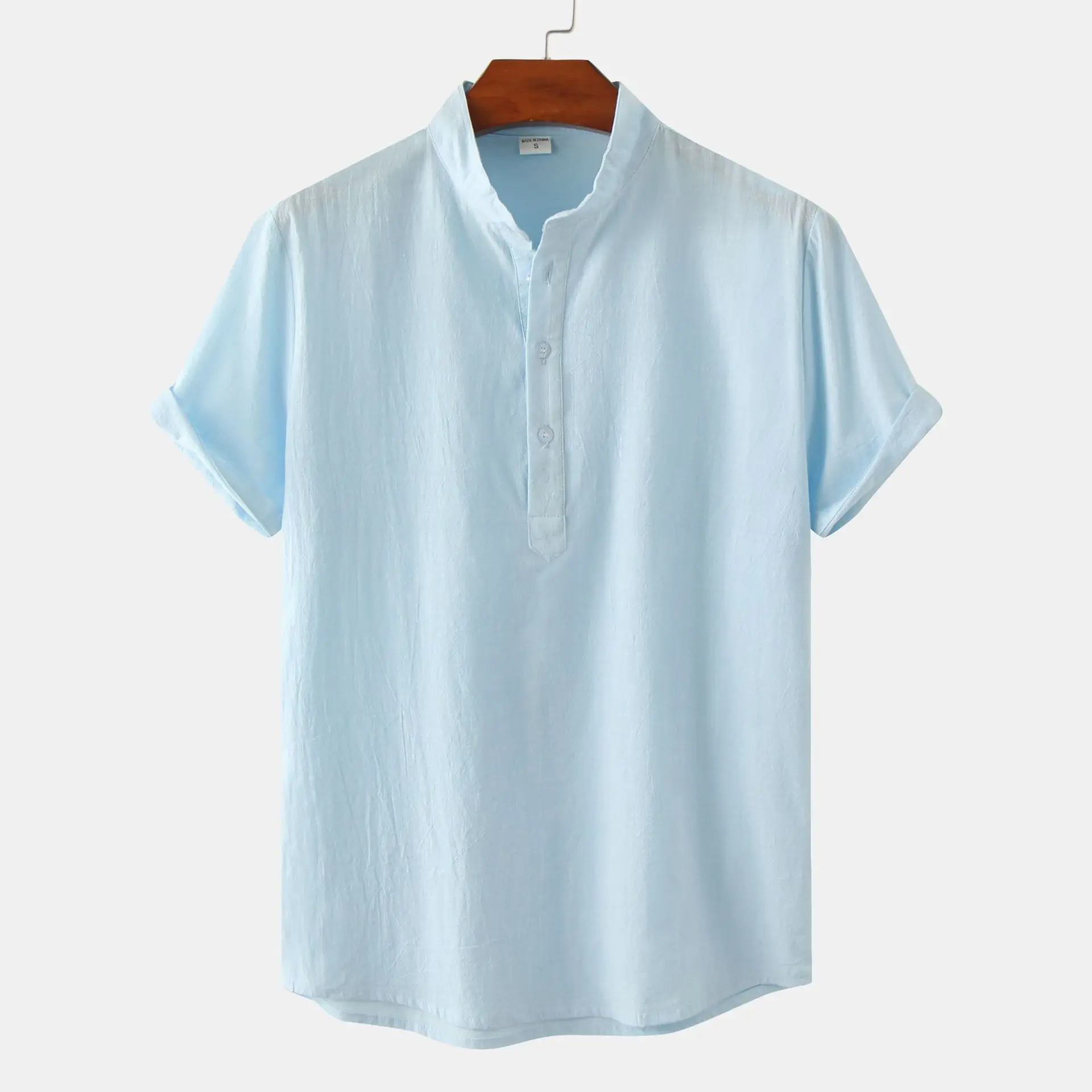 Men's Cotton And Linen Stand-up Collar Top Casual Short-sleeved Shirt Men's Summer Versatile Beach T-shirt Men's Clothing