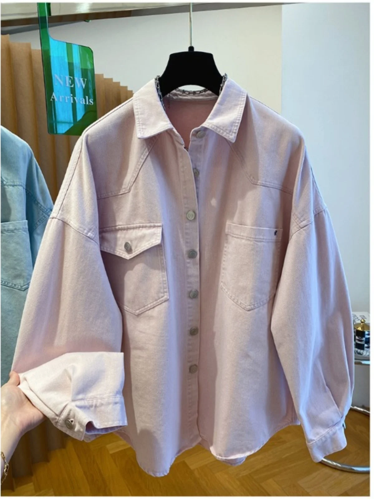 

Loose Long Sve Denim irt Women's Casual Sle Turn-down Collar Outerwear Spring 2025 New Pink Color Versatile Faionable
