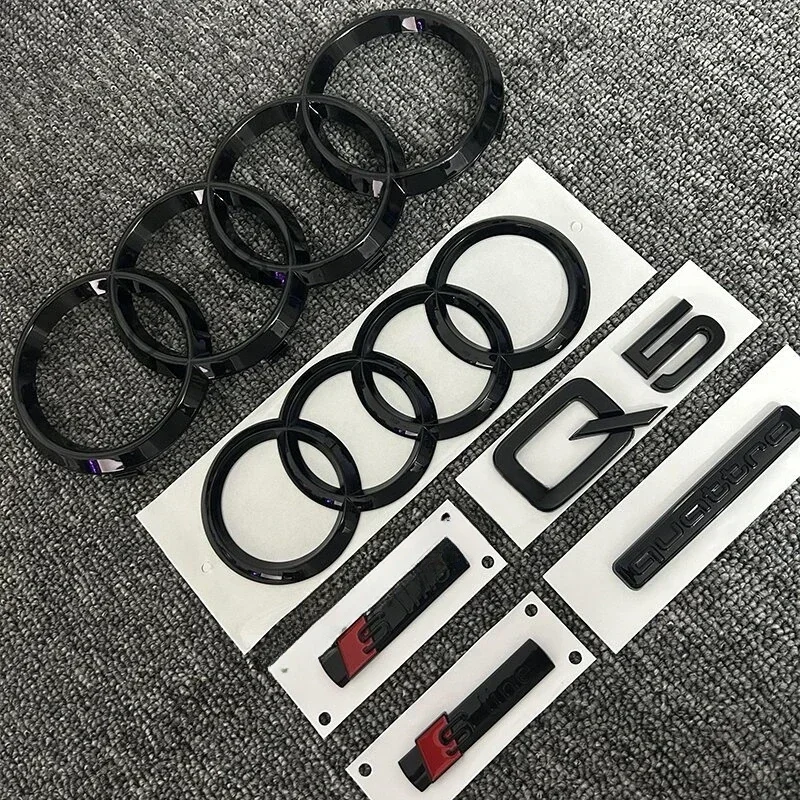 6-teiliges Auto-Zubehör-Set für Audi Q5 2014-2019 Sline, Auto-Logo mit 4 Ringen, Kühlergrill-Emblem, Aufkleber für den Kofferraum