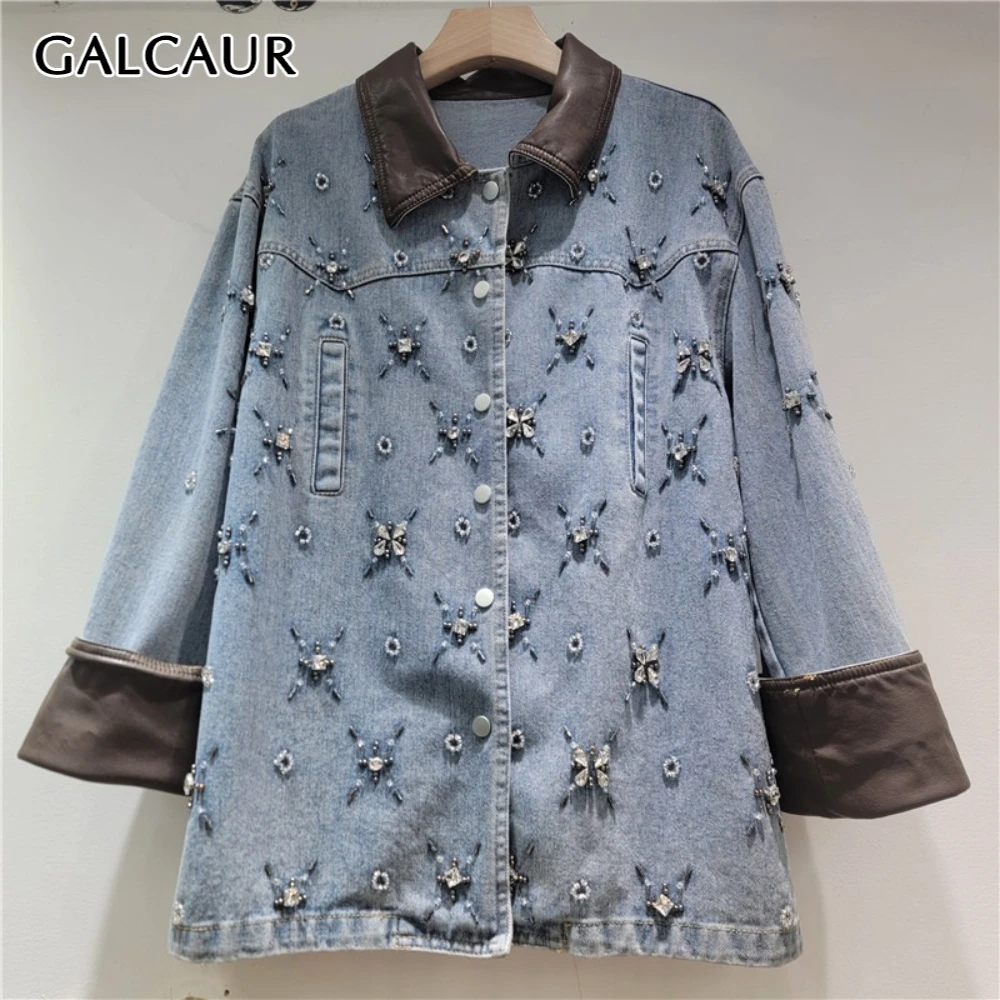 

Жакет GALCAUR синий, с бусинами, шикарный, женский, с отложным воротником, длинными рукавами, свободный крой, уличный стиль, корейский, осенняя мода, новый стиль