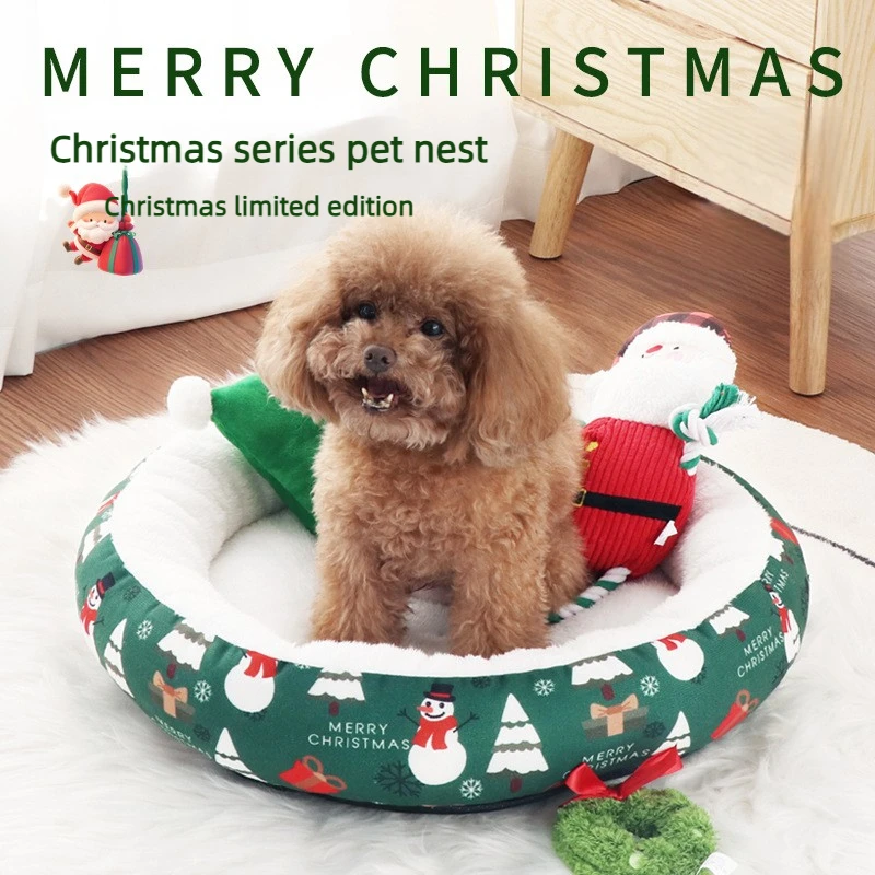 Warm Christmas Cat Basket Bed Soft Plush Pet Nest with Non-slip Base Cozy Sleeping Bed Cats Small Dogs 50cm Diameter