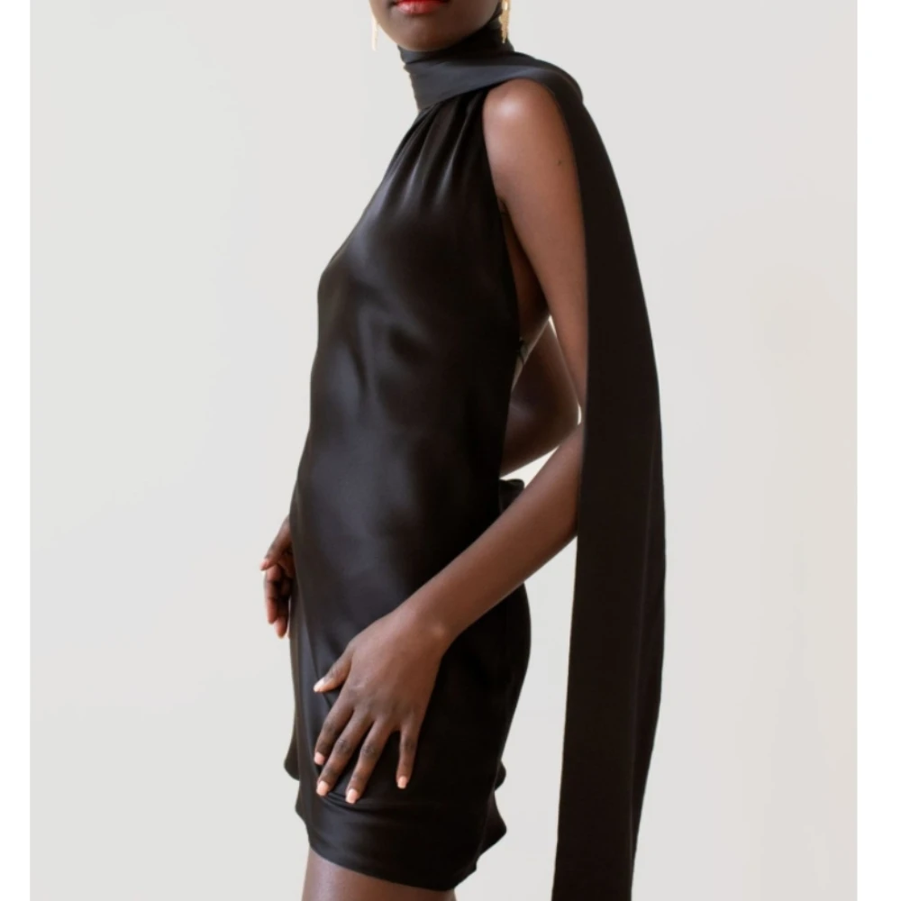 New Solid Backless Slimming Mini Sexy Dresses for Women Halter Sleeveless High Waist Temperament Satin Dress Female