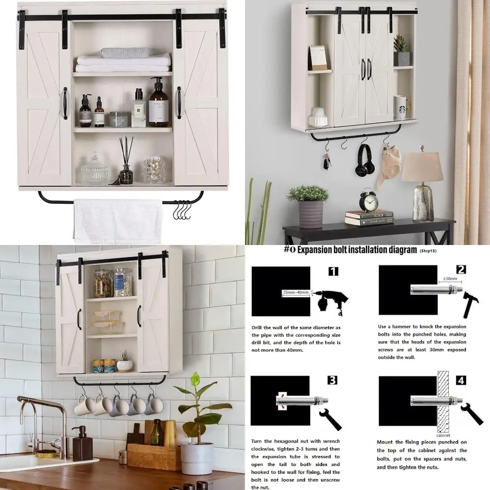 

Rustic Wooden Wall-Mounted Storage Cabinet with Sliding Barn Doors, 3-Tier Farmhouse Style for Kitchen and Dining Area