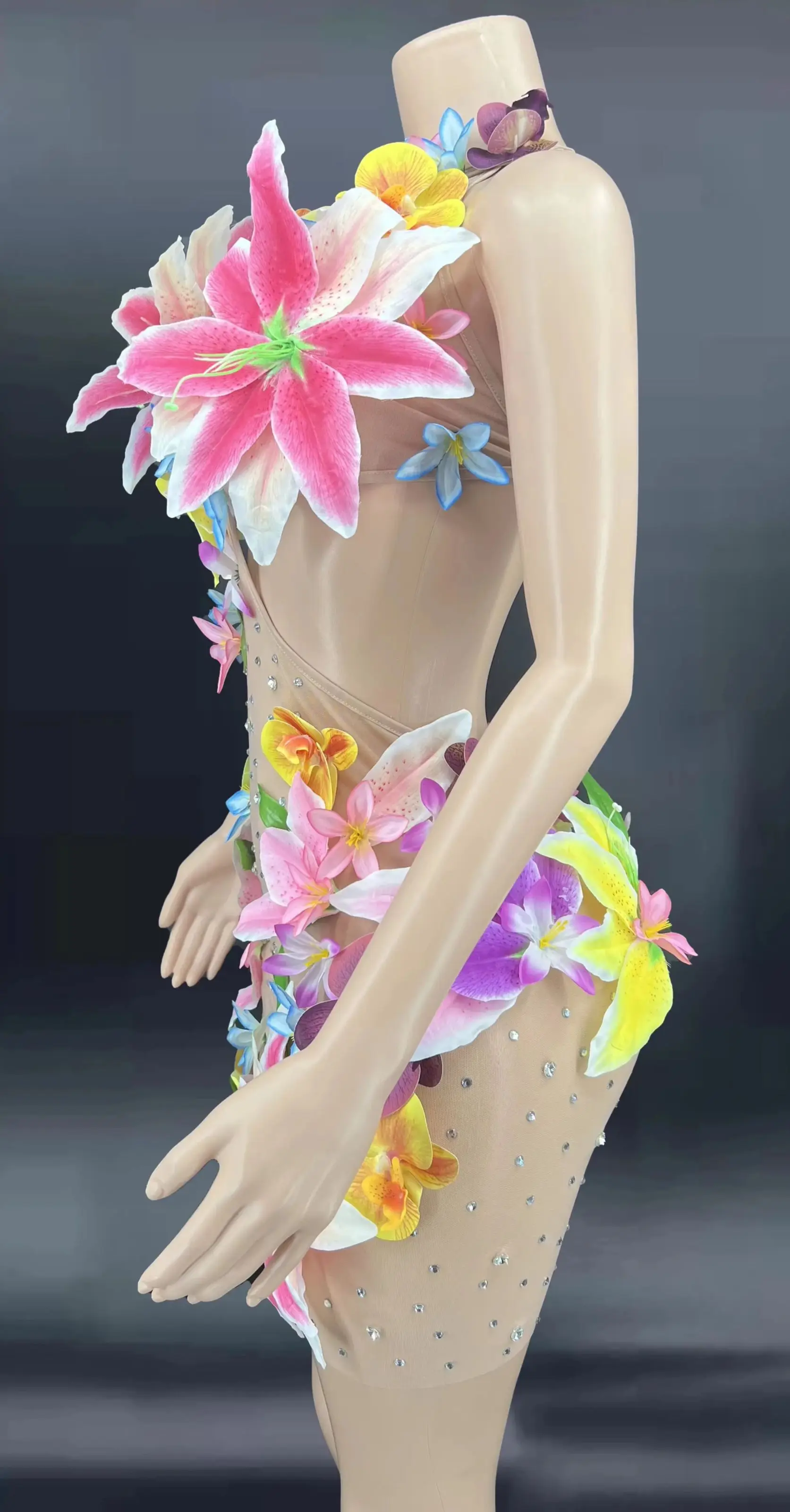 ZD Stage Platform for Music Performance One Shoulder Sheer Transparent Slim Fit Long Dress With Crystal