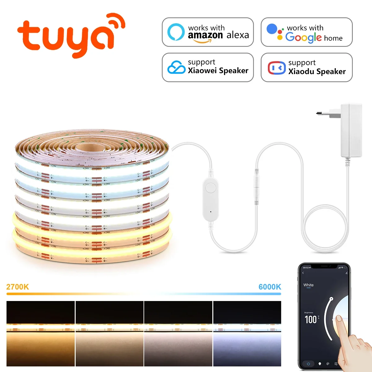 Tuya Smart COB LED Strip DC24V 3M/5M Ajustável 2700K-6500K Faixa de luz CCT regulável para Alexa/Google Home funciona com SmartLife