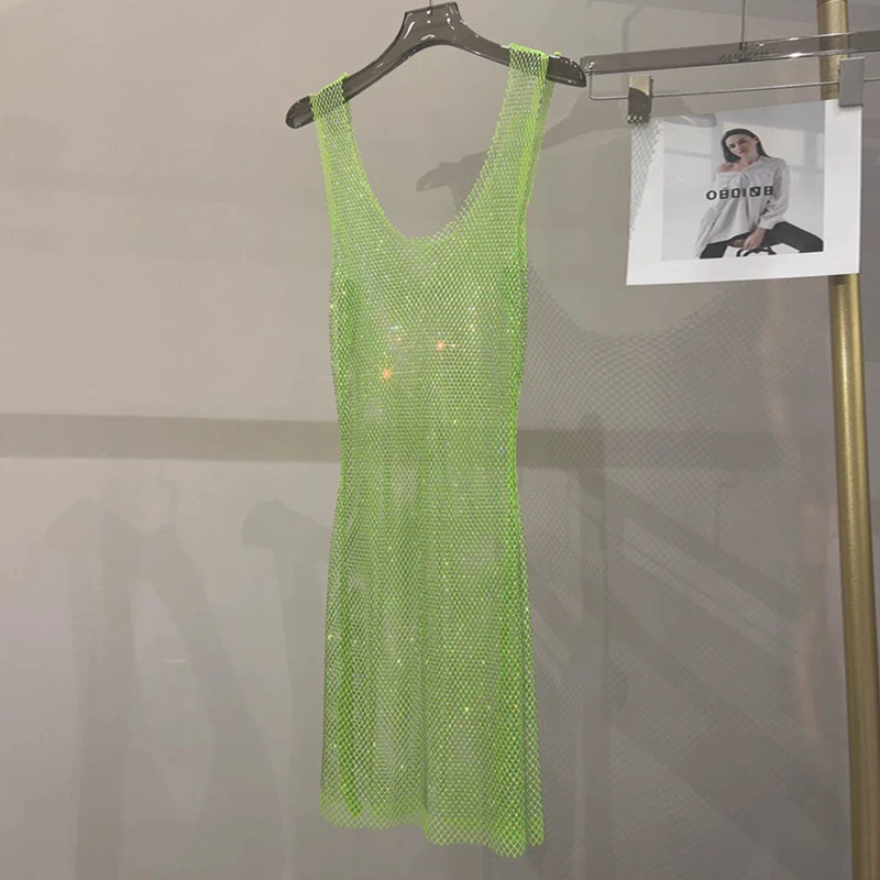 Damen Strass-Netzkleid Durchsichtiges Mesh-Midikleid Funkelndes Transparentes Bodycon-Partykleid Nachtclub-Outfit Festival-Rave-Outfit – Detail 6
