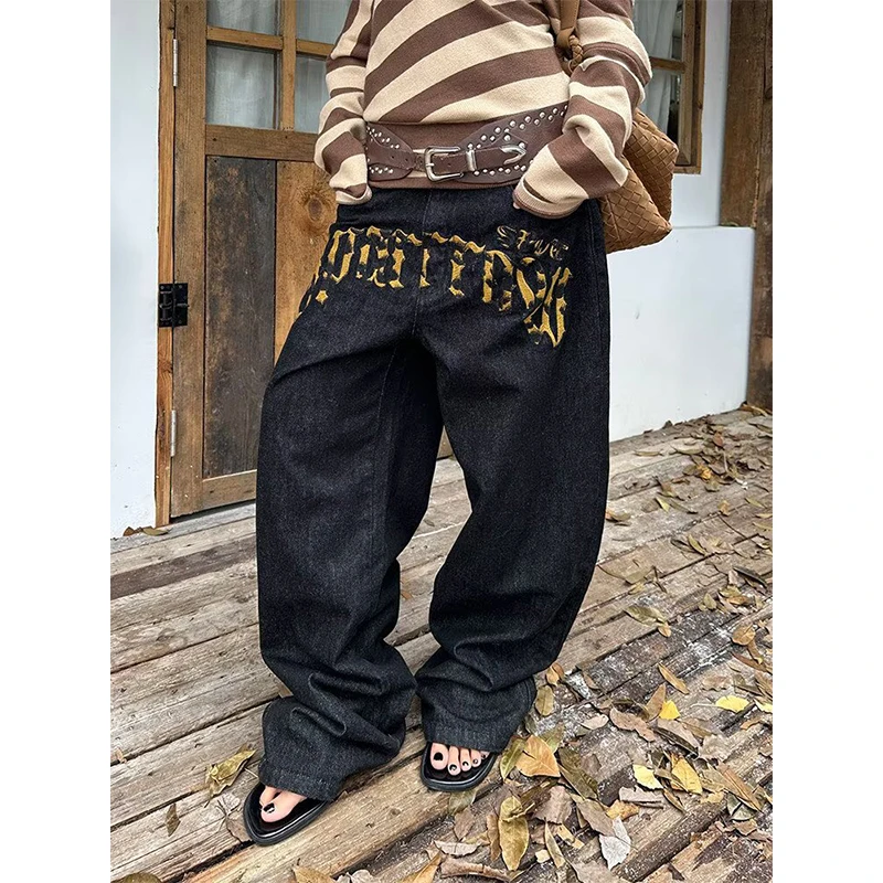 

Y2K Women's High Waist Wide Leg Jeans Dark Blue Leopard Print Letter Patchwork Loose Fit Denim Pants Vintage Streetwear Trousers