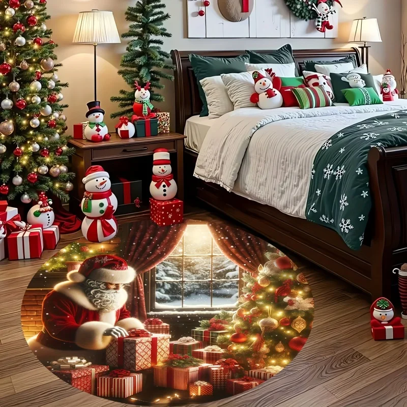 Santa Gift Christmas Round Rug, Winter Window Xmas Tree Printed Circular Floor Carpet,Indoor Living Room Decoration