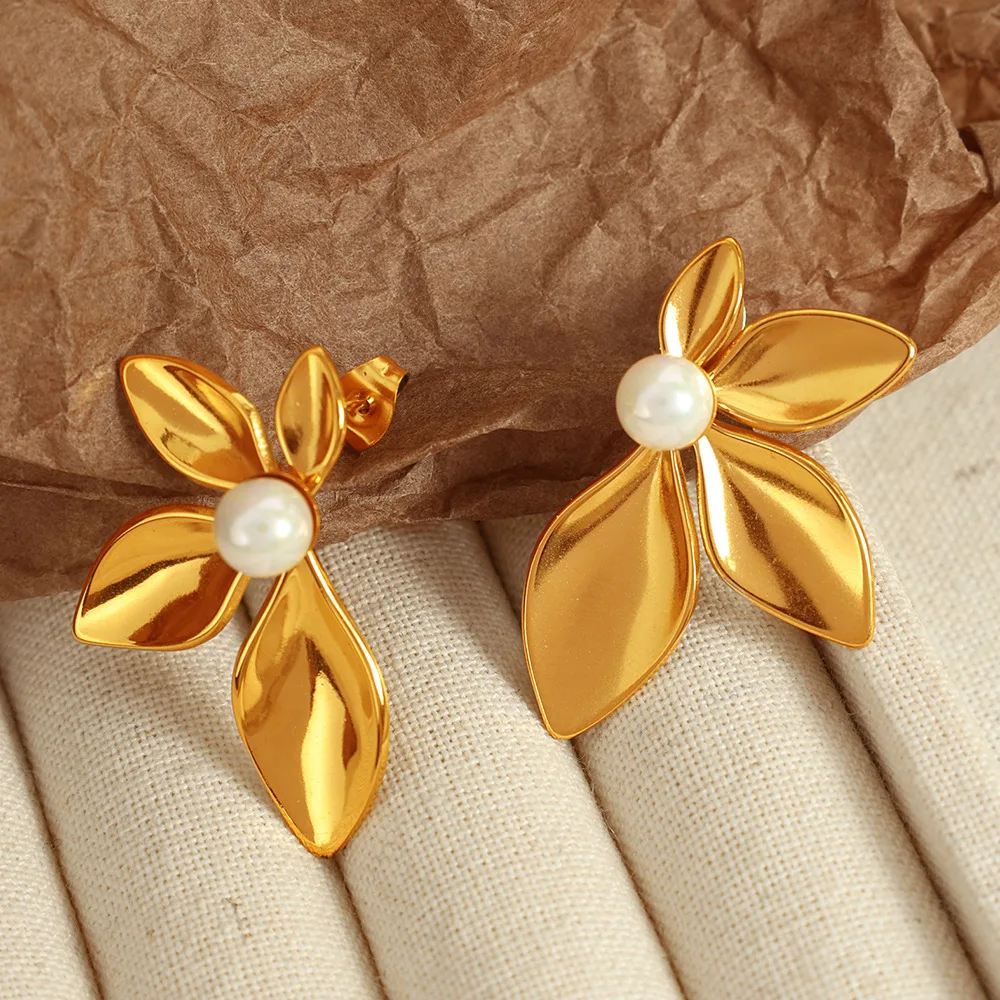 

Stainless Steel Flower Earrings For Women Girls Imitation Pearl Center Flower Earrings Waterproof Summer Holiday Jewelry