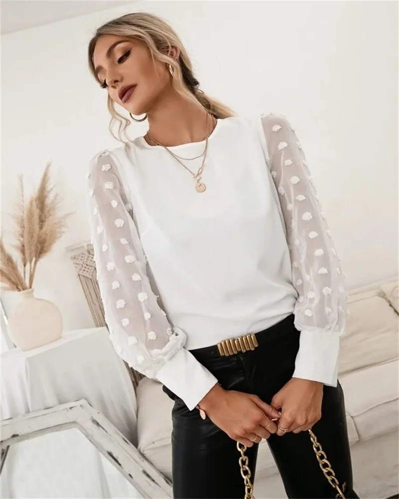 Spring and summer fashion all-match solid color round neck long sleeve T-shirt lace sleeve casual top