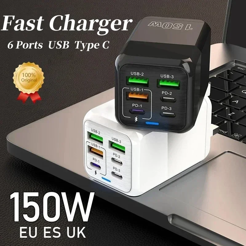 150W 6 Ports Fast Charger PD QC 3.0 USB C Quick Charger Wall Adapter Super Fast Charging For iPhone Samsung iPad Huawei Oneplus