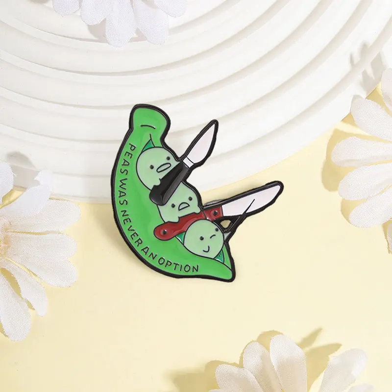 Peas Was Never An Option Enamel Pins Cute Three Peas Whith Knives Brooch Bag Lapel Badge Humor Letter Jewelry Gift for Friends