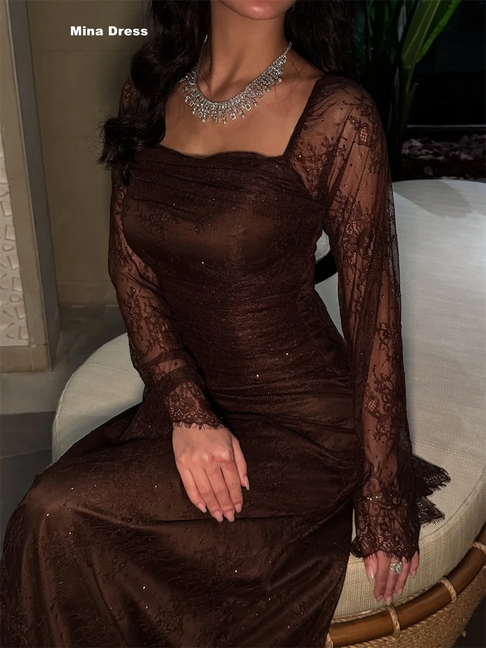Mina Customized Brown Luxury Women's Elegant Party Dress Lace Embroidered Long Sleeves Square Collar Evening Dresses Brands Prom image 3