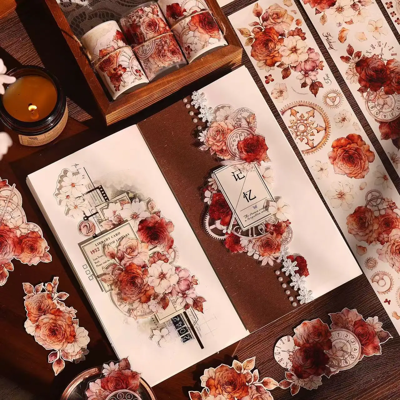 XiaoBaiJia Studio Vintage Red Rose Floral Time Washi PET Tape DIY Card Making Scrapbooking Decorative Sticker