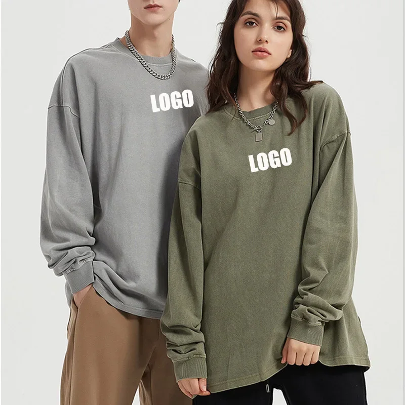 Custom LOGO men's and women's heavy 310G pure cotton retro old long-sleeved t-shirt loose washed bottoming shirt