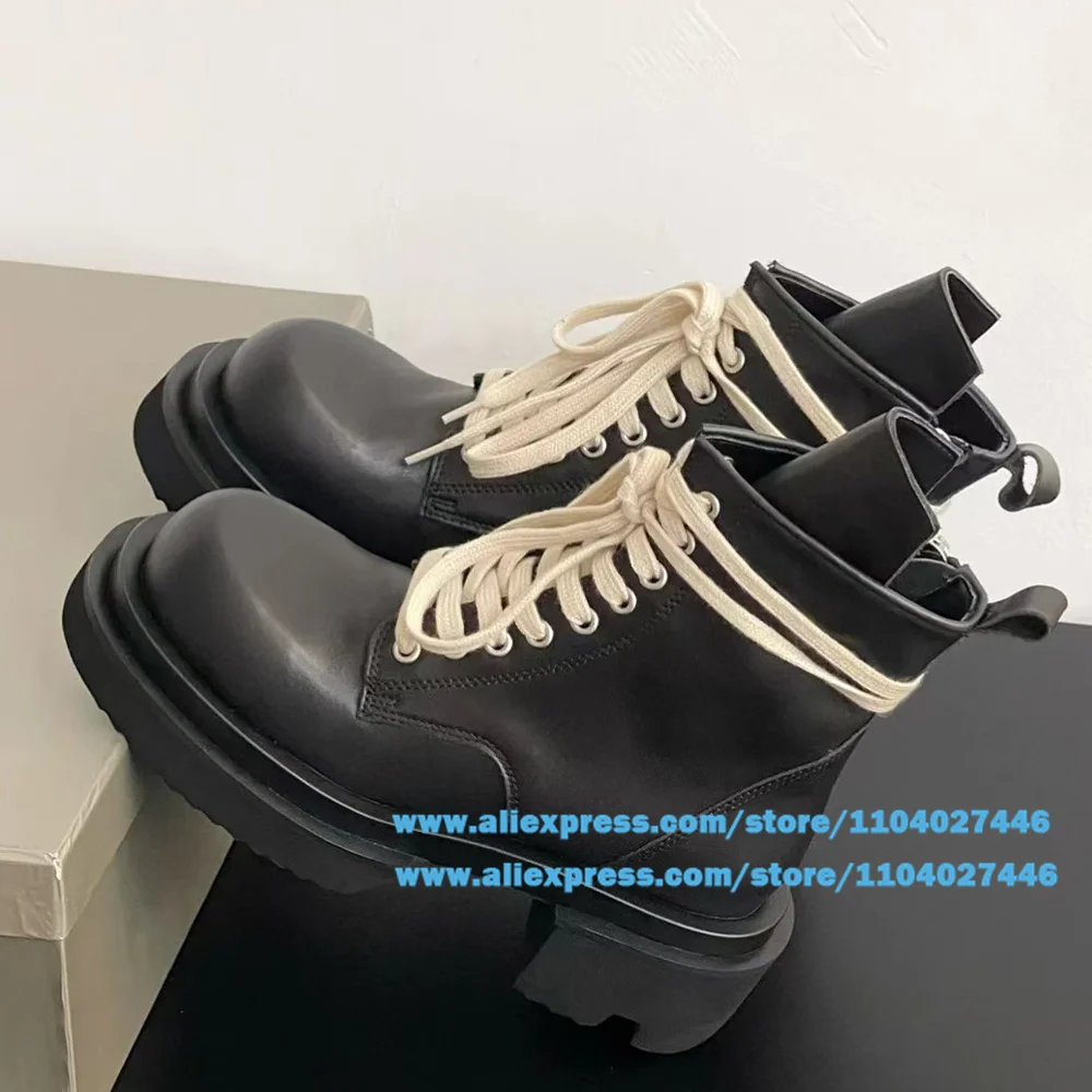 Cross Strap Men's Boots  Thick-soled Lace-up Leather Platform Booties Male Designer Round Toe Luxury Handmade Booties Large Size