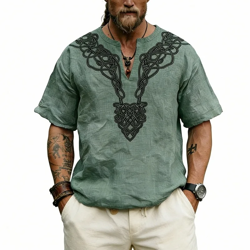 Vintage Celtic Knot V-Print Slub Linen T-Shirt, Summer Casual Short Sleeve