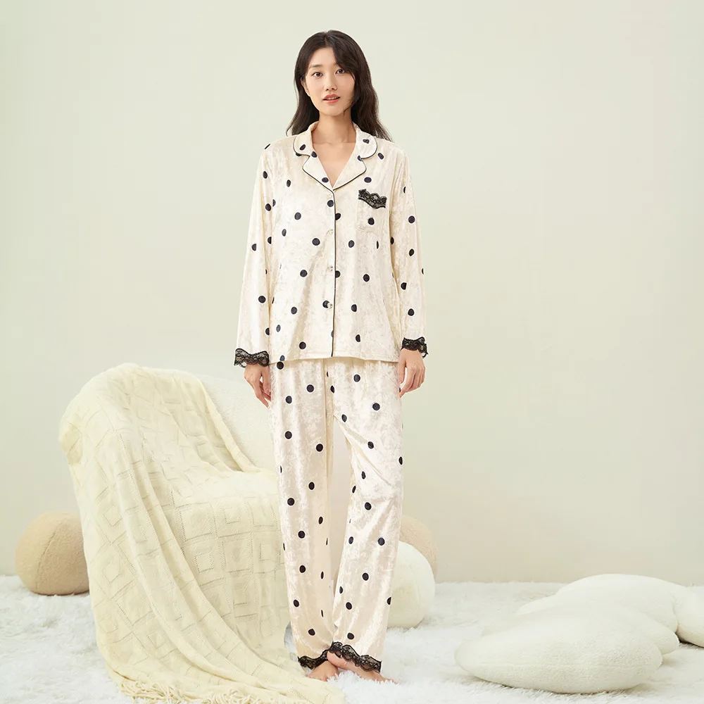 2024 Gold Diamond Fleece Pajamas Women's Autumn and Winter Models, Long Sleeve Trousers, Lace Polka Dot Homewear Set