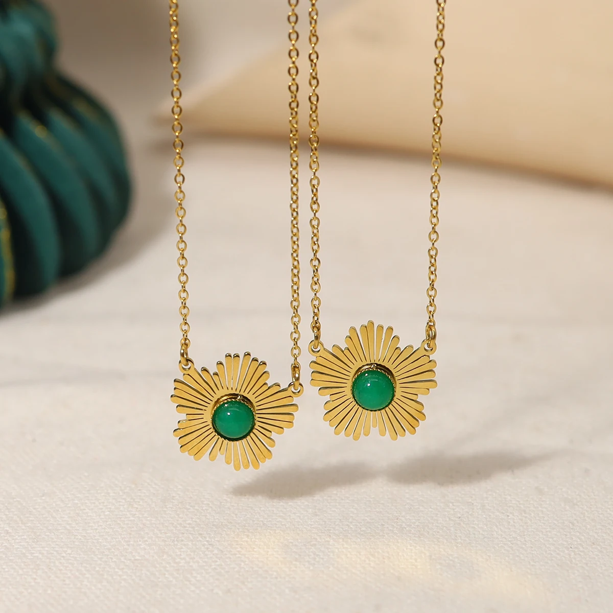 

WILD & FREE 18K Gold Plated Luxury Jade Pendant Necklace for Women Vintage Flower Green Stone Waterproof Jewelry Gift