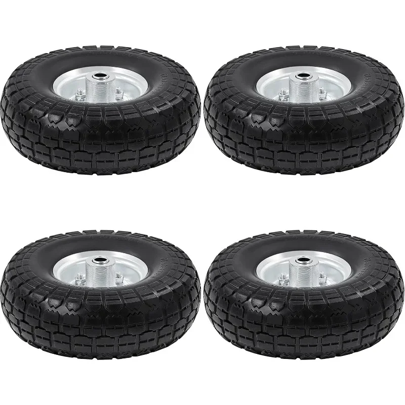 -4 Tire Wheels Flat Free with 5/8-inch Ball Bearing Axle Bore Dia, for Wagon/Lawn/Garden Cart 4 Pack 10-inch, Black