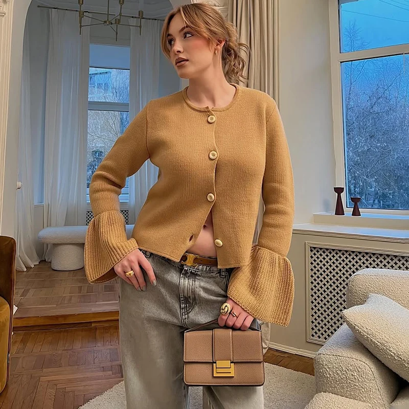 2025년 가을 신상 토르노바 니트 가디건 여성 O넥 플레어 롱 슬리브 스웨터 여성용 싱글 브레스티드 루즈핏 니트 코트