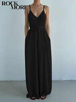 Rockmore Casual Sleeveless Vacation Daily Solid Jumpsuit High Street Cotton Linen V-neck Playsuit Elegant Wide Leg Pants Outfits