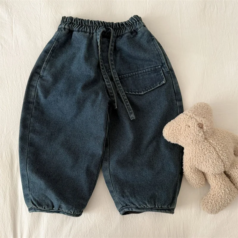 

Children's Long Pants 2025 Winter New Boys and Girls Wide-Leg Fleece-Lined Jeans Baby Solid Color Casual Pants
