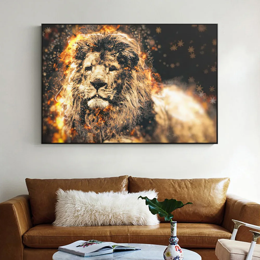 Burning Fire Lion Canvas Art Animal King Nordic Wall Poster And Prints Home Decor Fabric Painting For Living Room Mural Cuadros