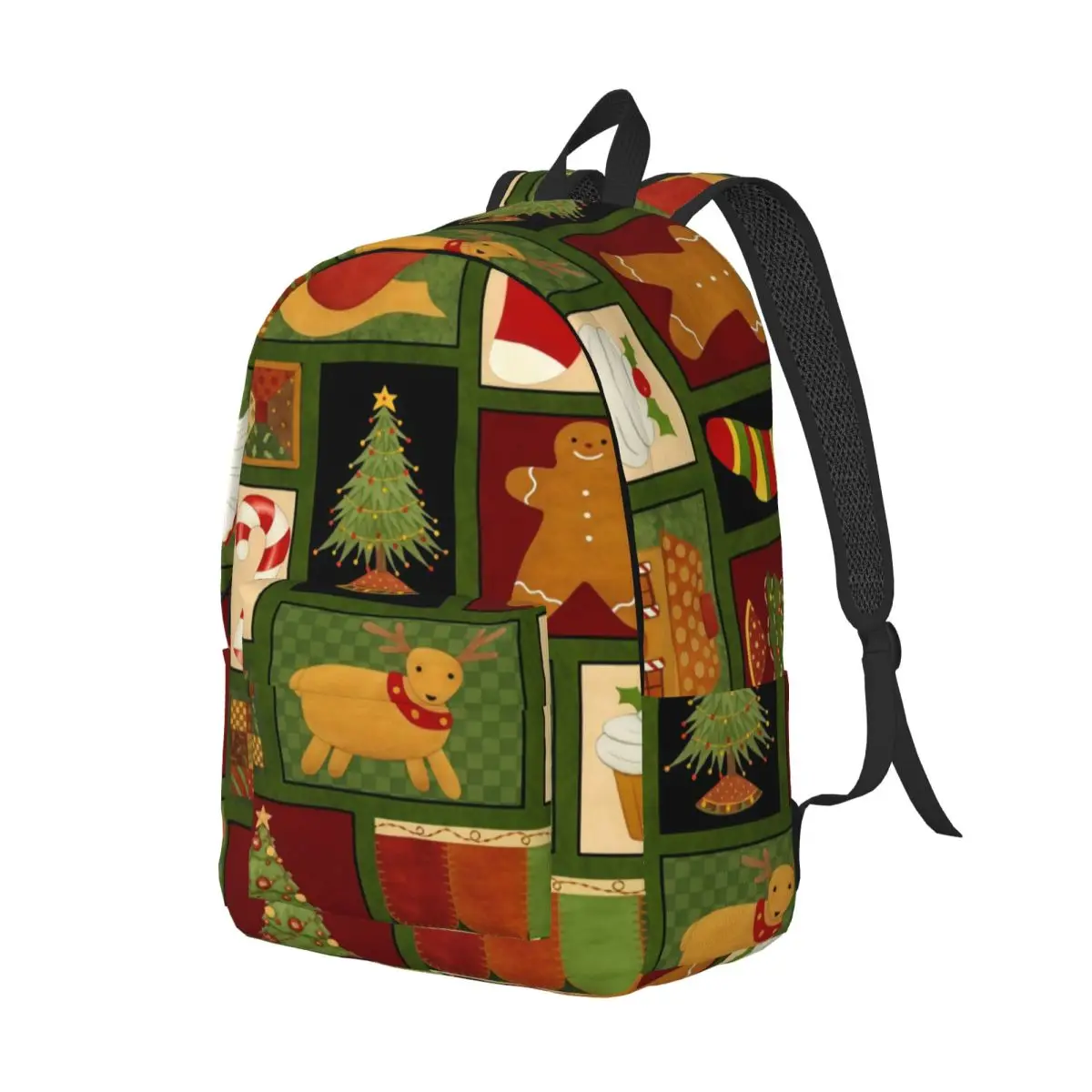 School Backpack Santa Snow Student Backpack Grid Christmas Motifs Patchwork Primitive Folk Christmas Winter Daypack for School