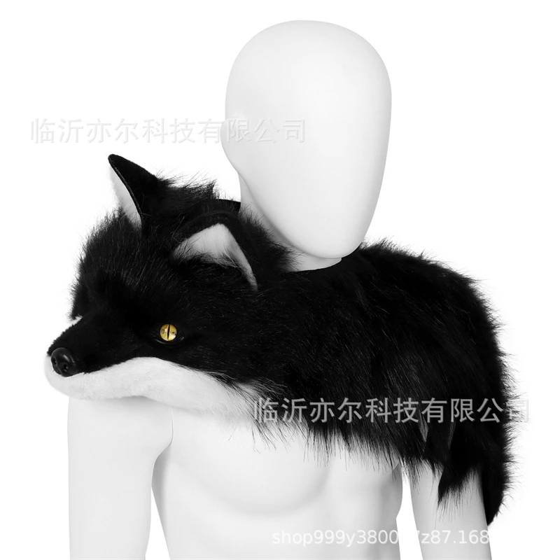 

Realistic Faux Fur Fox the head Cape Hooded Plush Animal Mask Shawl Cosplay Costume Accessory For Teens Party new year Gift