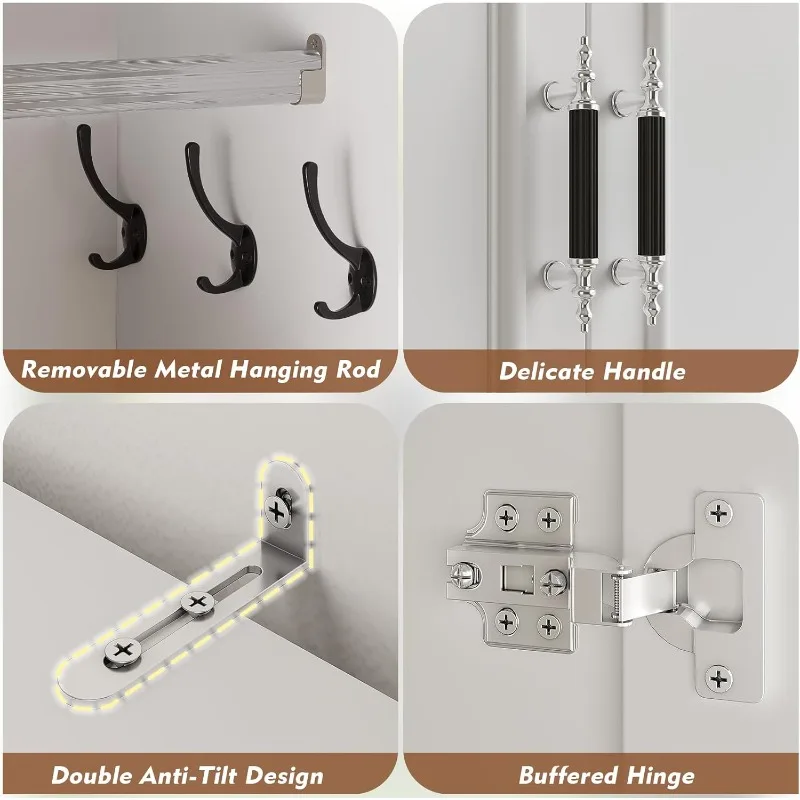 Schrank-Kleiderschrank mit 4-türigem, 74,8 Zoll großer Kleiderschrank mit Aufhängestange