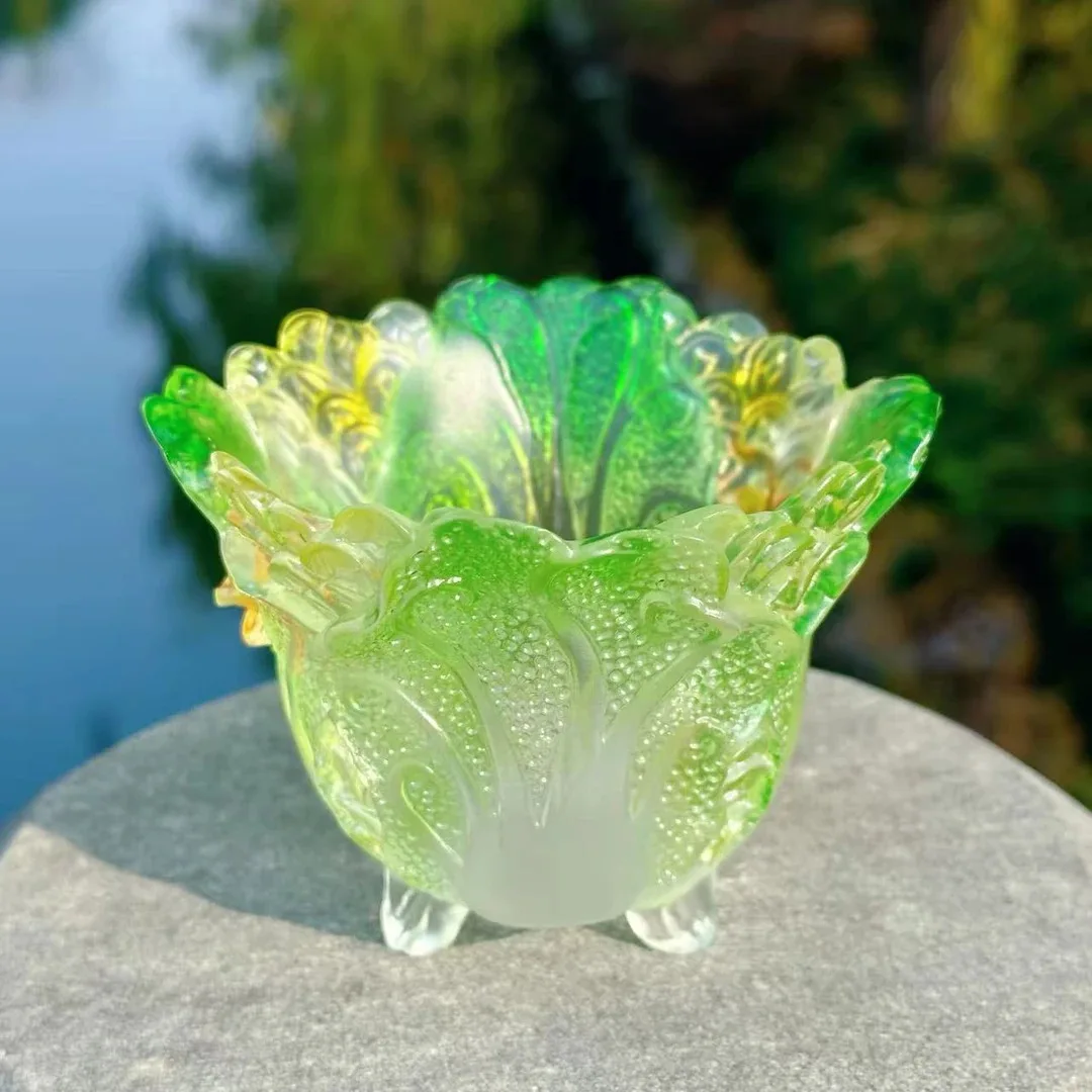 Gradual change ancient glazed cabbage Baicai Xiaoshui square butterfly lucky cup tea set gifts handicrafts