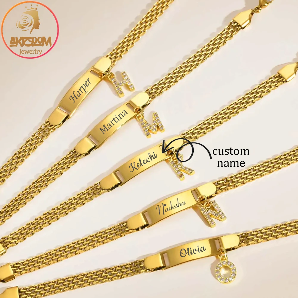 

Personalized Engrave Name Bar Bracelets Zircon Letter Charm Stainless Steel Custom Name Date Bracelets for Woman Birthday Gift