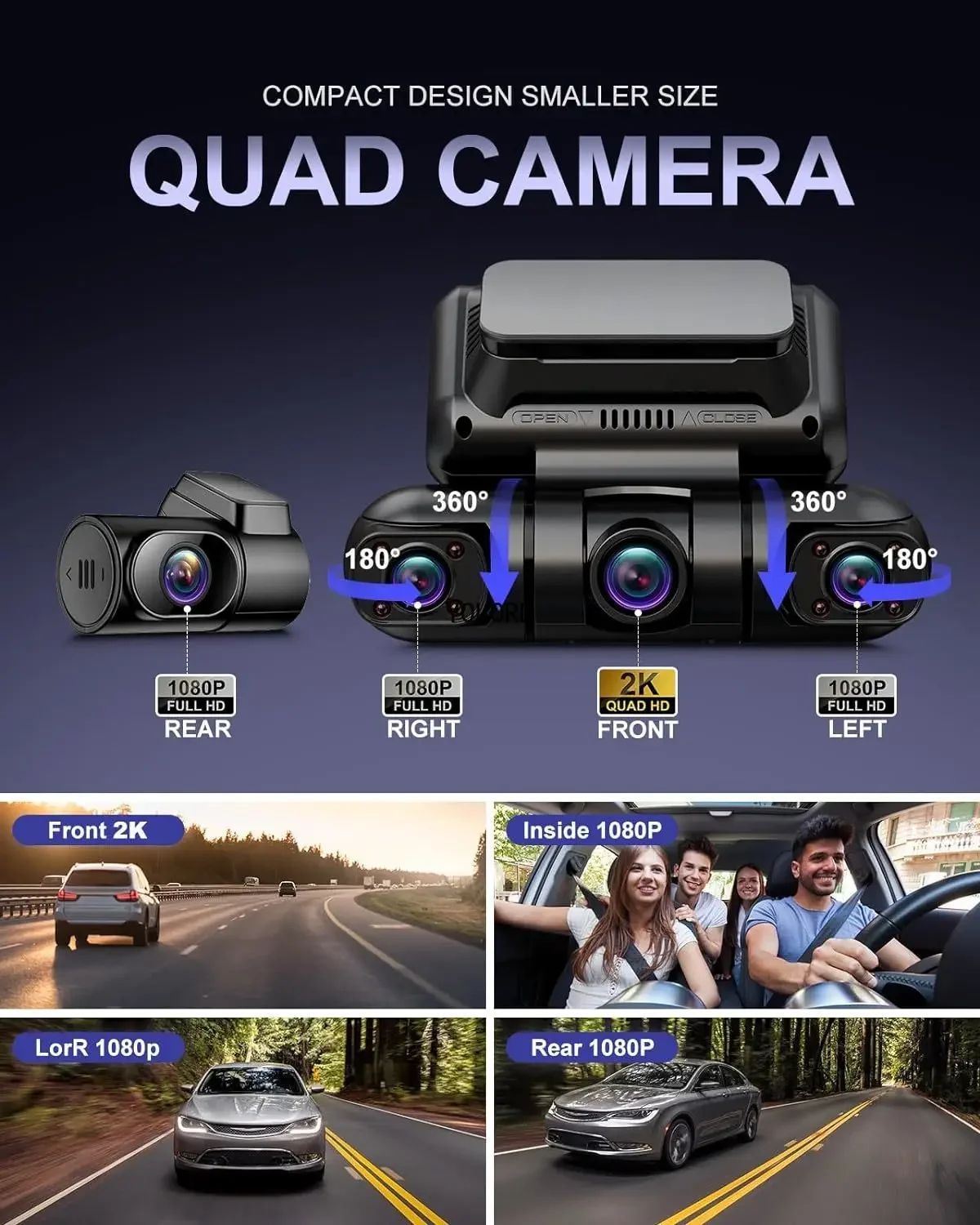 4 Channel Dash Cam 360°Panoramic View 2K+1080P+1080P+1080P Car DVR 5G WiFi/GPS Video Recorder Monitor