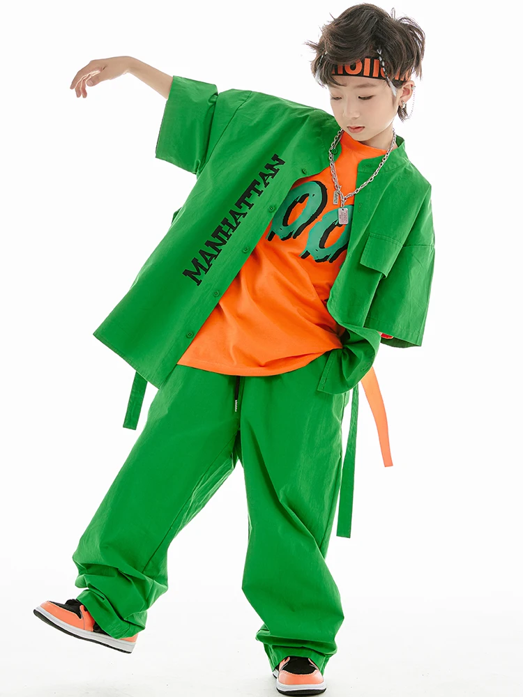 Street Hiphop Full Set 3pcs Boys Dancer Green Short Sleeved Coat Pants Dance Jazz Performance Stage Hip Hop Clothes Tops Ptants