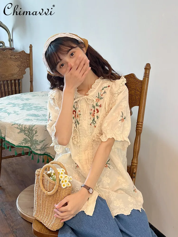 Summer Clothes New Fashion Beige Embroidered Lace Shirt Sweet Girlish Loose Ruffled Lace-up Short-Sleeved Blouse Women's Y2k Top