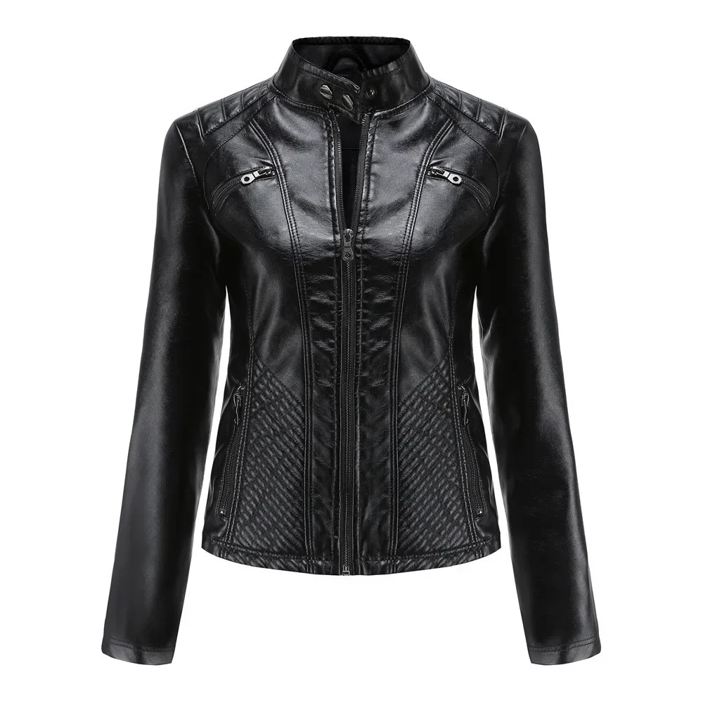 Manteau femme mode tendance Simple automne hiver col analogique fermeture éclair en cuir PU veste de moto pour les femmes