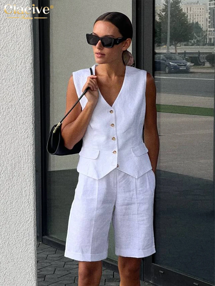 Clacive Summer Slim White Linen Office 2 Piece Sets Women Outfit Fashion Sleeveless Tank Top With High Waist Shorts Set Female