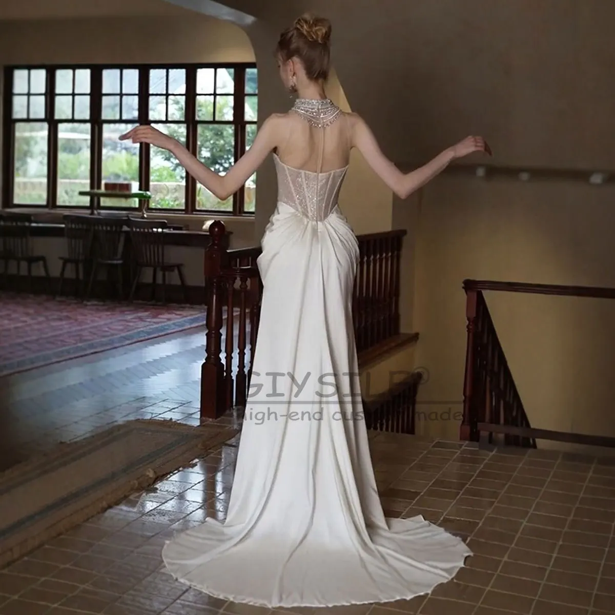 GIYSILE-vestidos de novia ligeros con cuello colgante, personalizados, industria pesada, satén francés, cola de pez francesa, vestidos de boda blancos Vintage