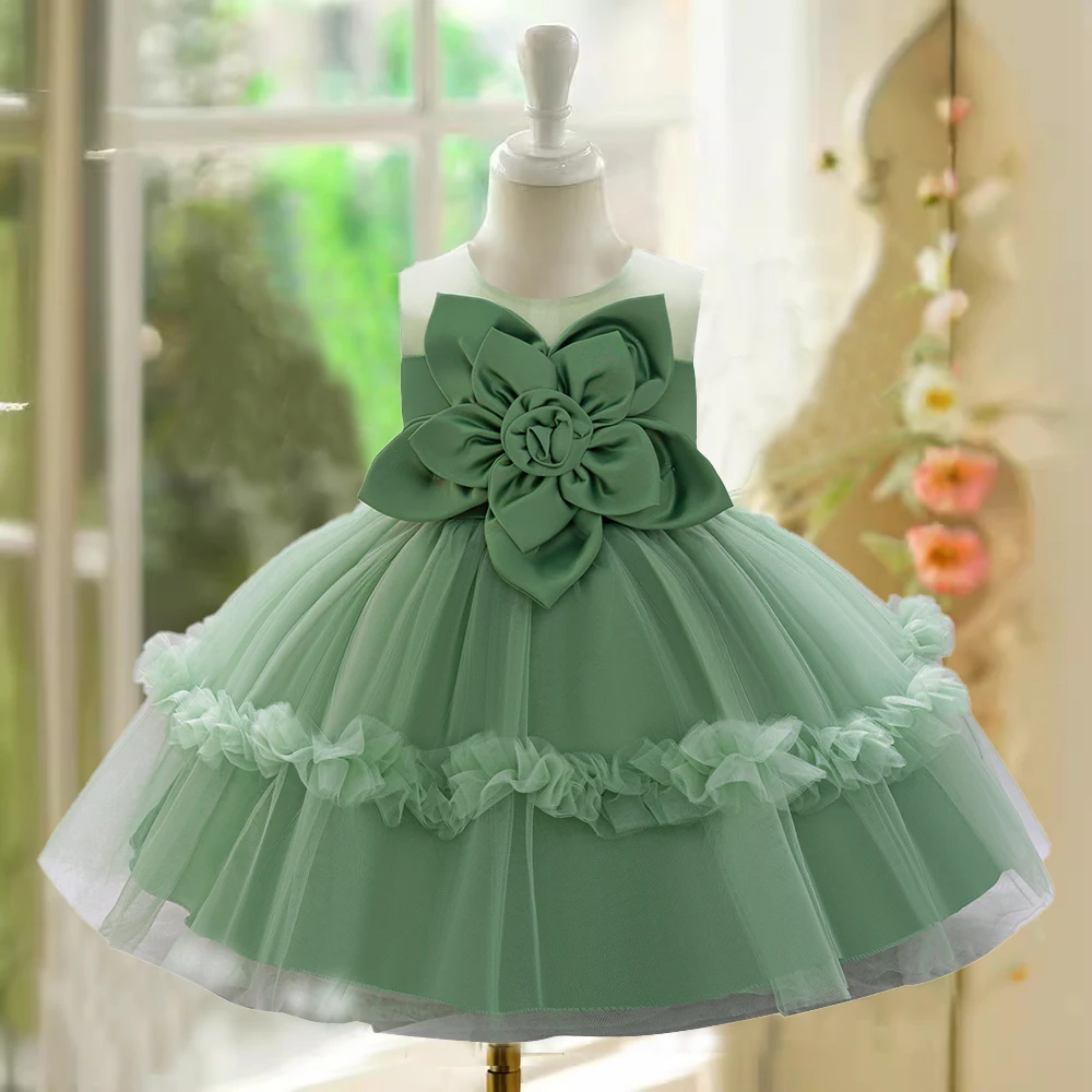 Baby Girls Summer Floral Green Tutu Dresses Kids Big Flower Wedding Party Dress Girl Fancy Birthday Baptism Clothes Princes Gown