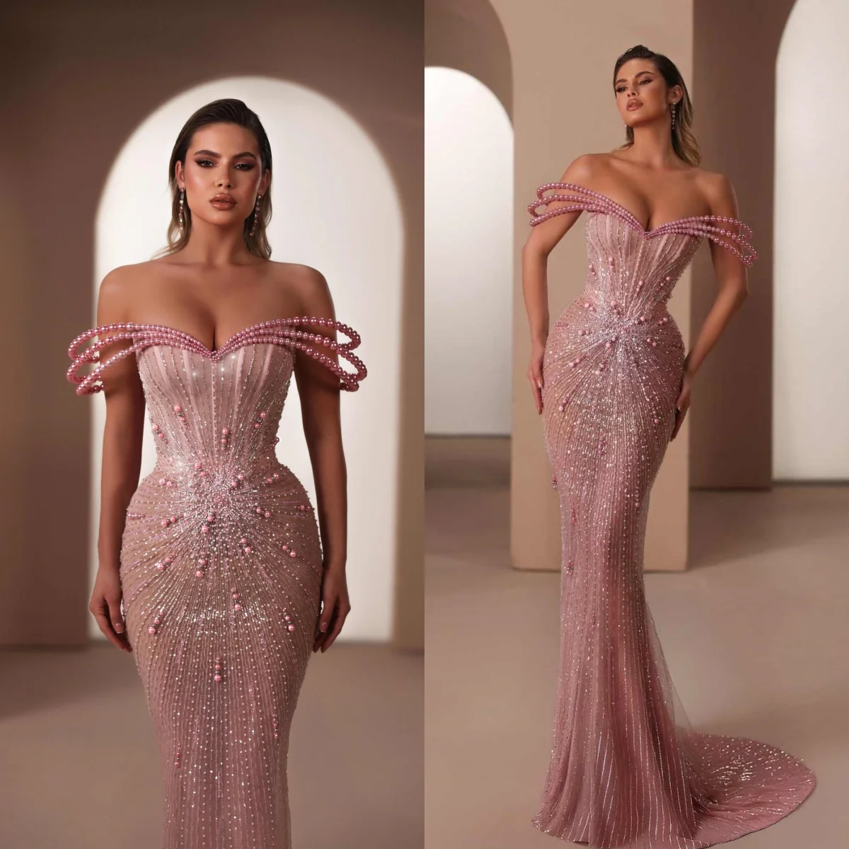 Stijlvolle zeemeermin avondjurk off-shoulder galajurken pailletten kralen applicaties parels vestido de novia galajurk maat aangepast