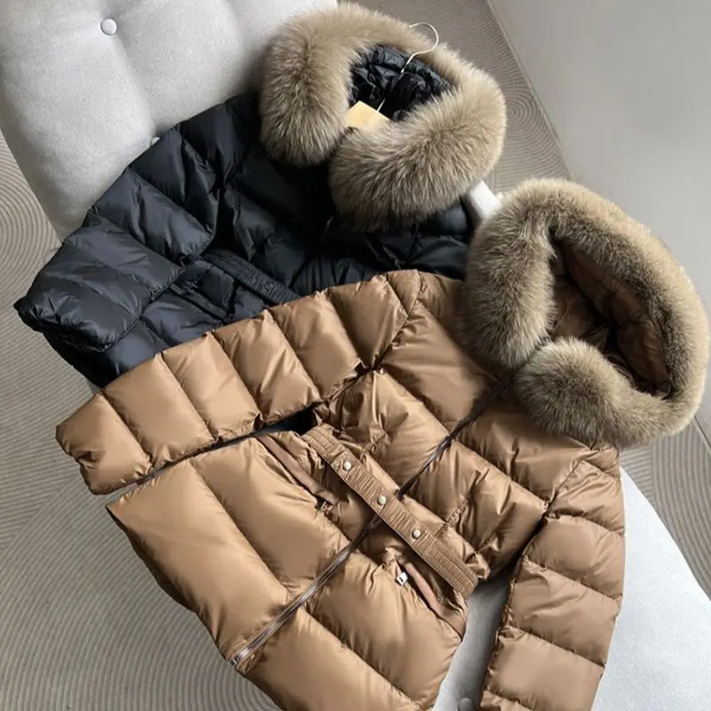 Hooded Large Fur Collar Short Down Jacket For Women With Belt 2023 Winter New European Style 90% White Duck Down Warm Outwear